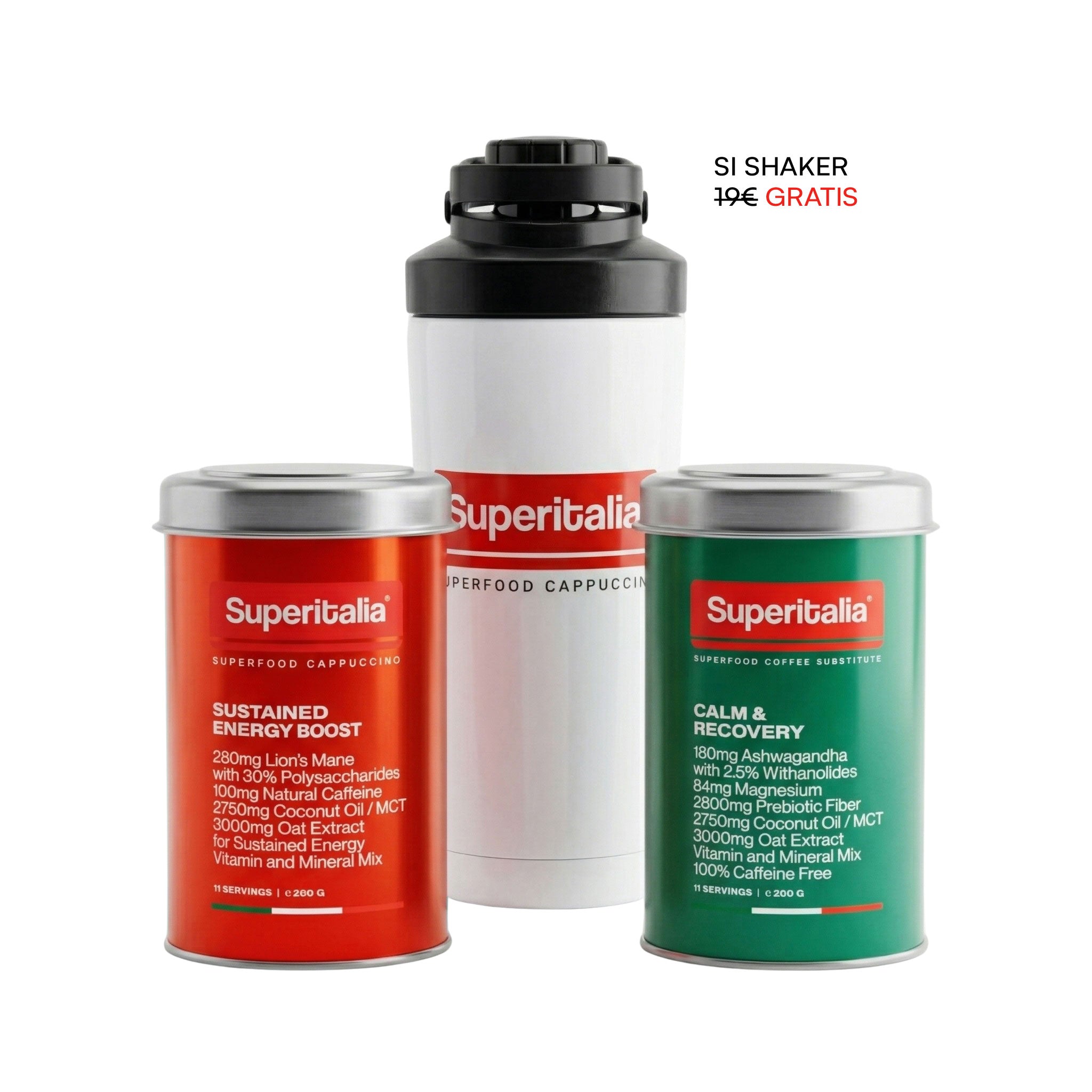 Originales Superitalia Training Starter Set mit Sustained Energy Boost, Calm & Recovery und Shaker